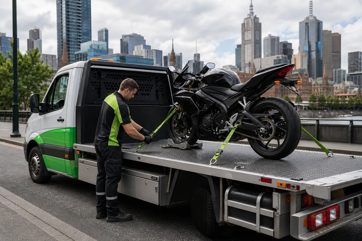 Motorcycle towing operator securing a motorbike on a transport truck in Melbourne